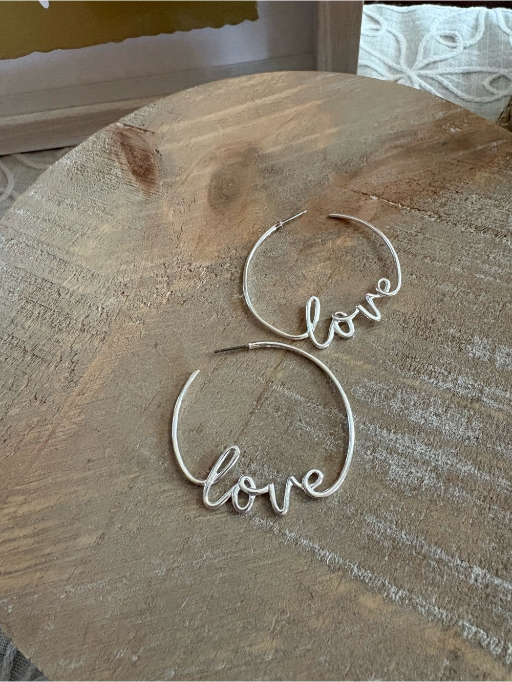 Stella & Dot Love Script Hoop Earrings Silver Tone Statement